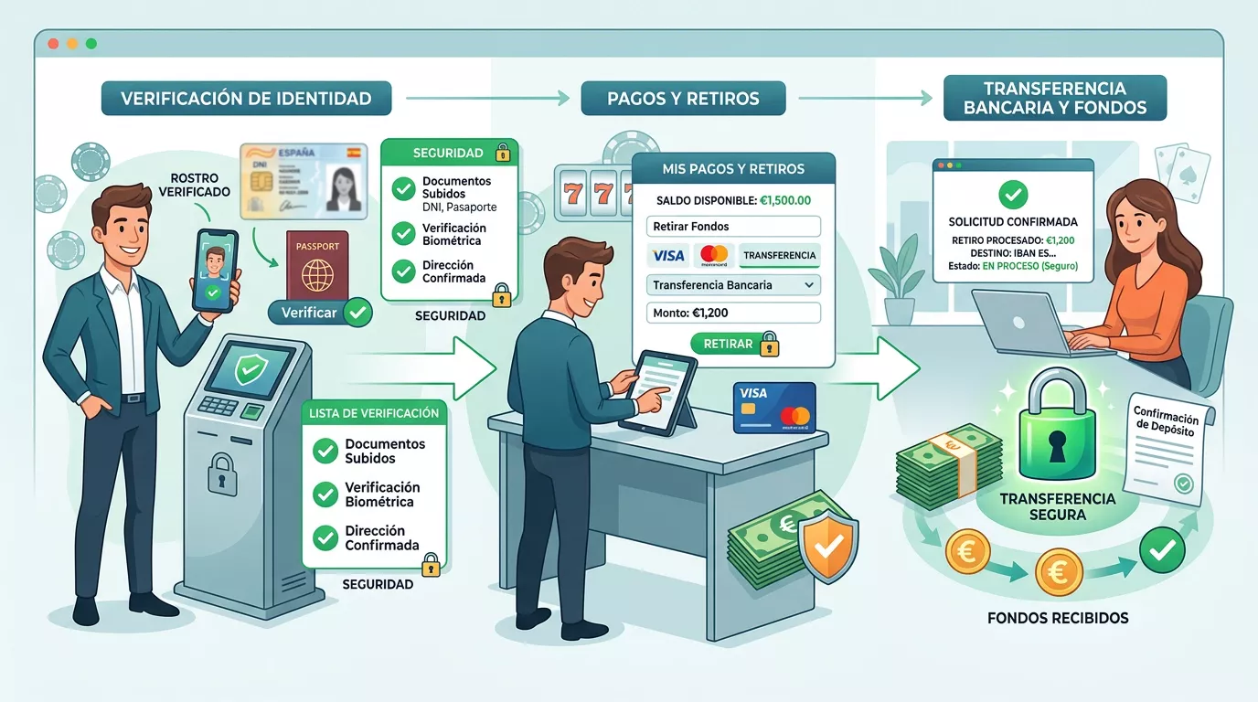 Diagrama de pagos, retirada y verificación de identidad en juego online