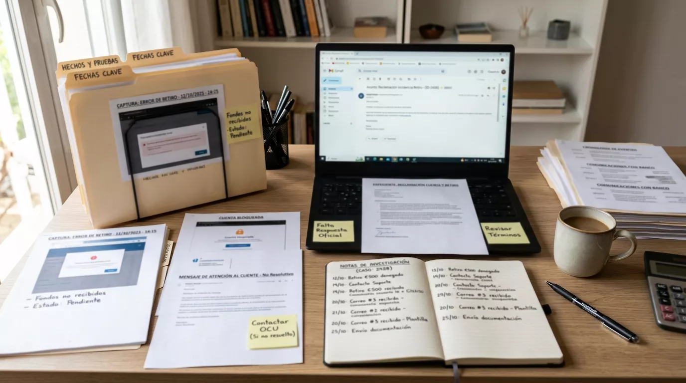Documentos, capturas y ruta de reclamación organizada ante un problema de cuenta